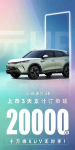 ​售 9.68 万元起，比亚迪元 UP 上市 3 天累计订单突破 2 万台